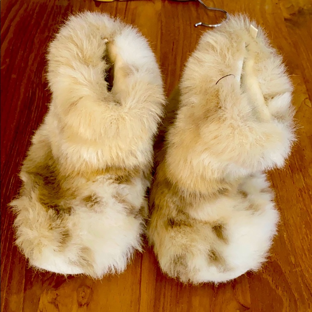 Restoration Hardware snow leopard fauxfur slippers